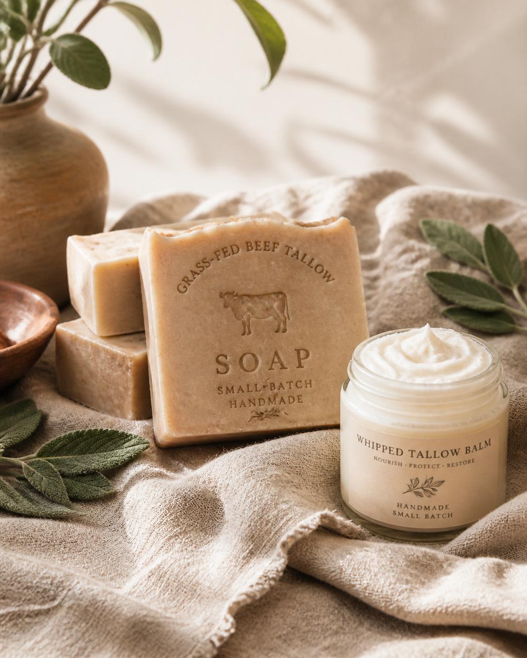 Handmade grass-fed beef tallow soap bars and whipped balm on rustic linen